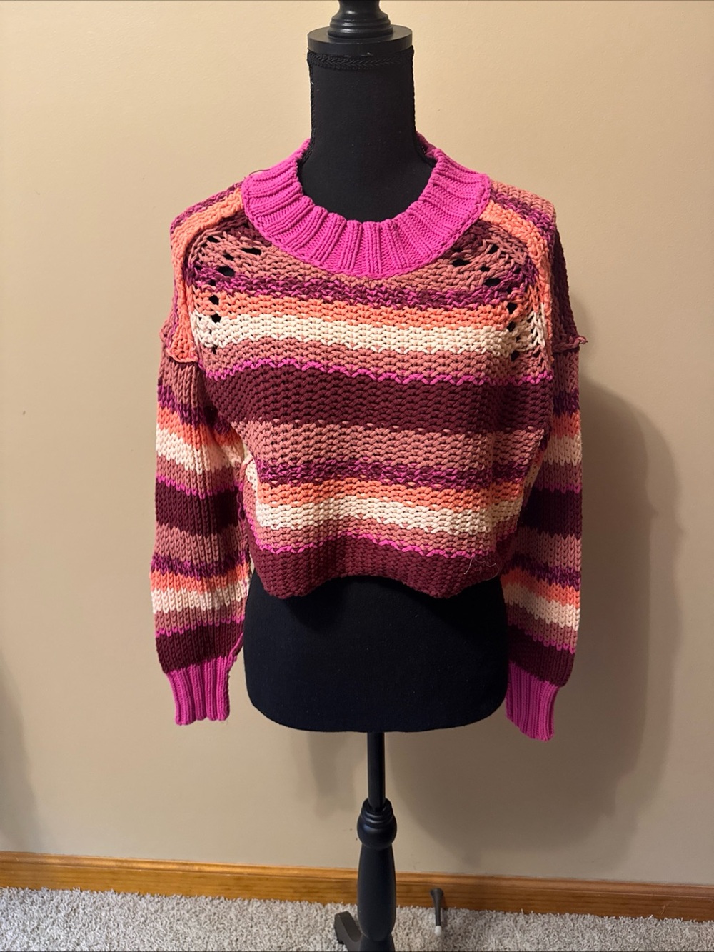 Free People Cropped Striped Crewneck Sweater in Pink, Burgundy & Cream